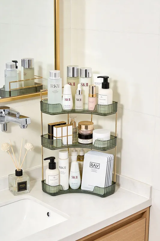 3-Tier Corner Bathroom Counter Organiser with Top Makeup Brush Holder