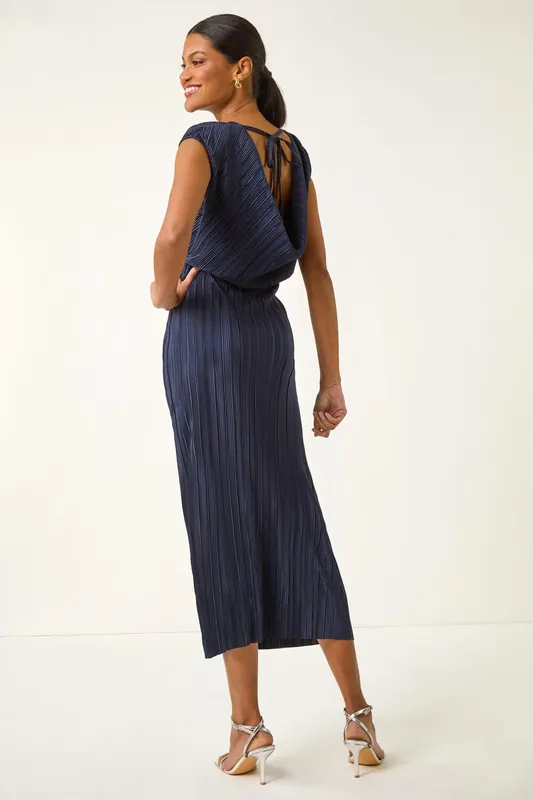 Plisse Cowl Back Midi Dress - Roman