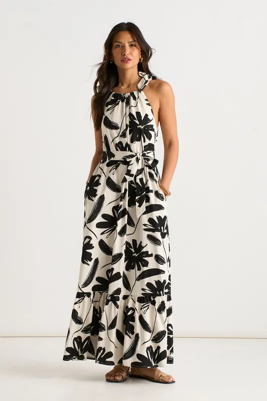Mono Stencil Linen Mix Belted Trapeze Dress - Gini London