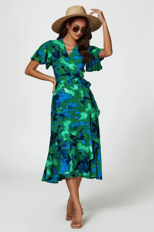 Abstract Print Midi Wrap Dress In Green - FS Collection
