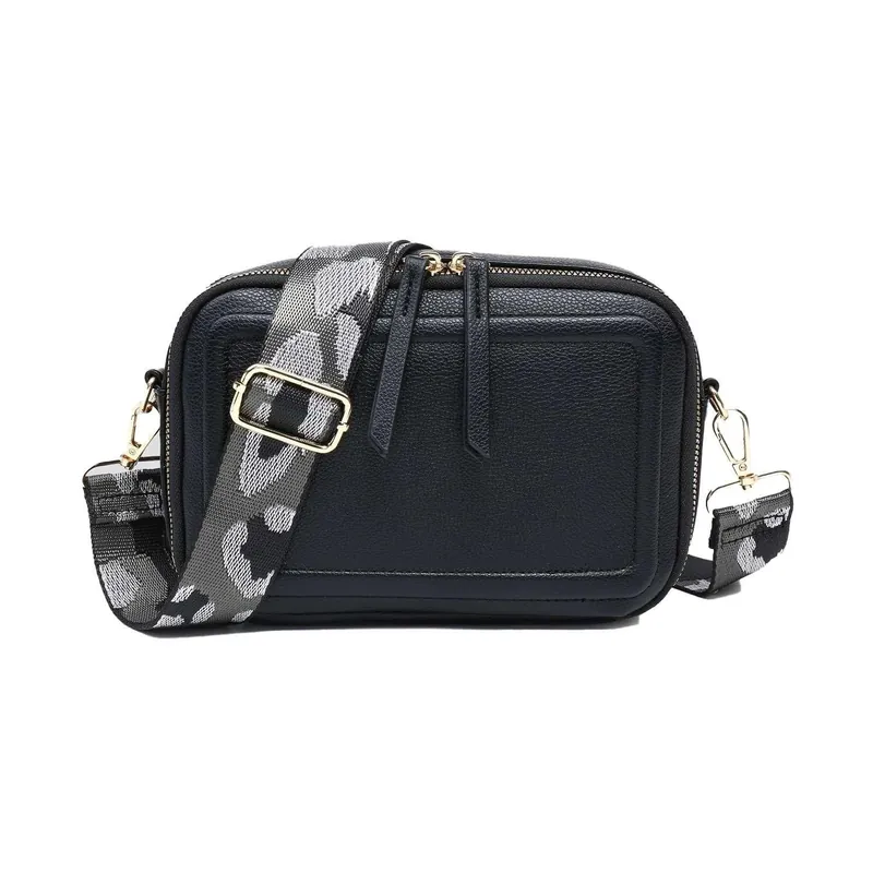 Double Ribbon Zip Compartments Small Crossbody Bag With Canvas Strap - Kitise