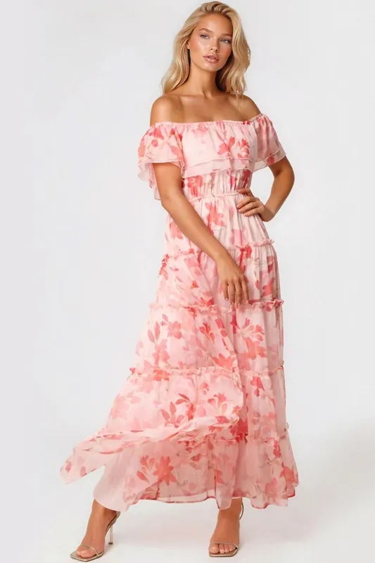Pink Floral Bardot Tiered Maxi Dress - Aftershock London