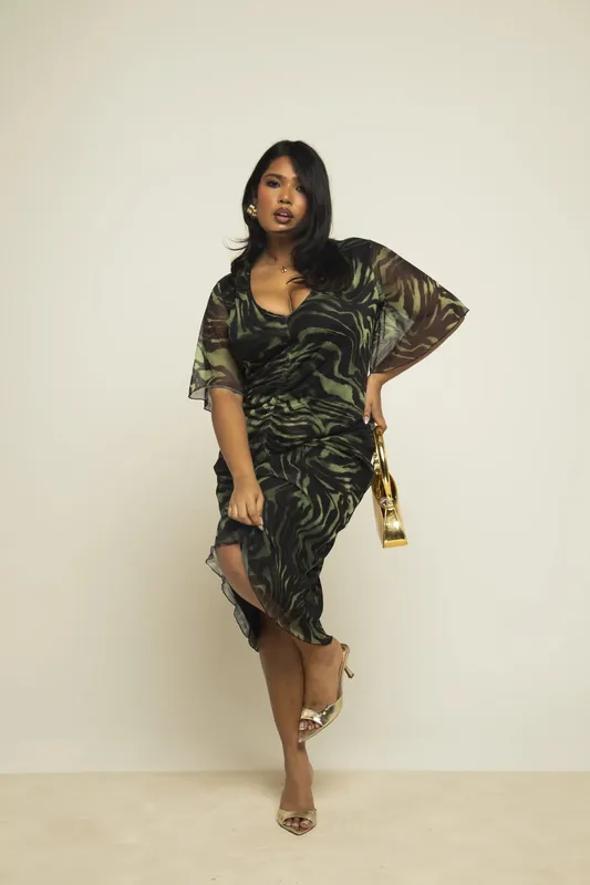 Curve Khaki Zebra Ruched Front Flutter Sleeve Midi Dress - FASHION-SZN