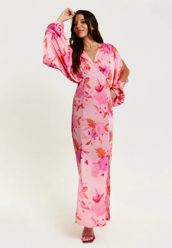 Floral Print Maxi Dress In Pink With Sleeve Slits - Liquorish