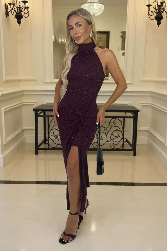 Plum Jacquard Diamante Halter Neck Knot Skirt Midi Dress - AX Paris