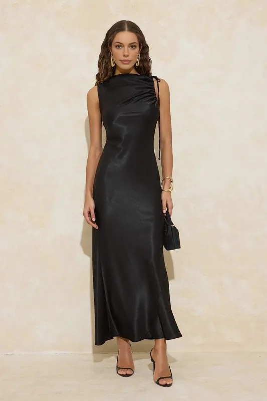 Draped Satin Sleeveless Maxi Evening Dress with Tie Detail - WOVCOR