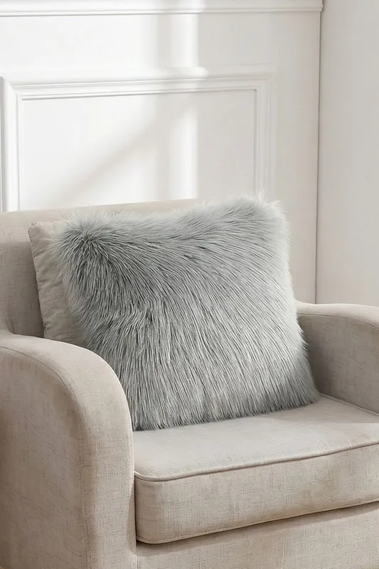 45*45cm Fluffy Faux Wool Grey Cushion Cover - Living and Home