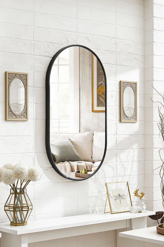 40 x 70 cm Oval Wall Mounted Mirror Black Metal Frame Bathroom Mirror - Living and Home
