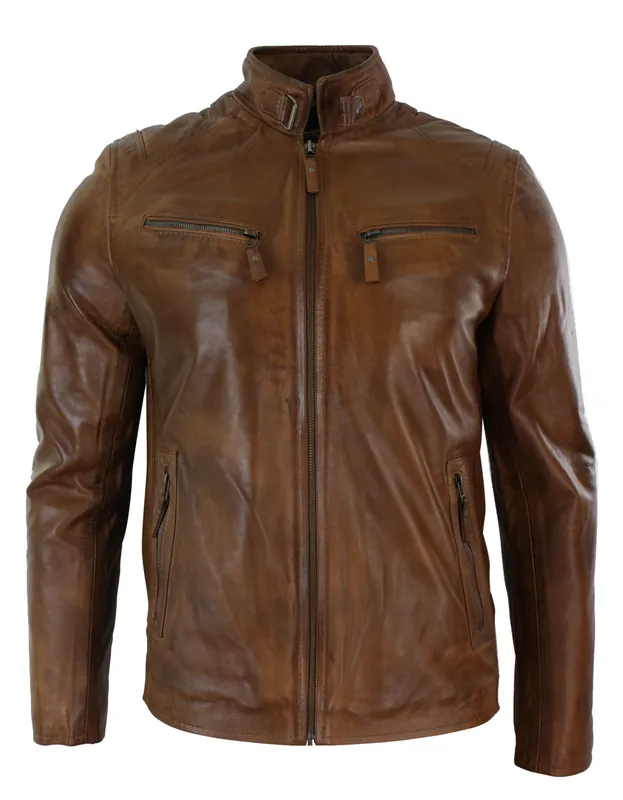 Real Leather Biker Jacket Zipped Pockets - TruClothing