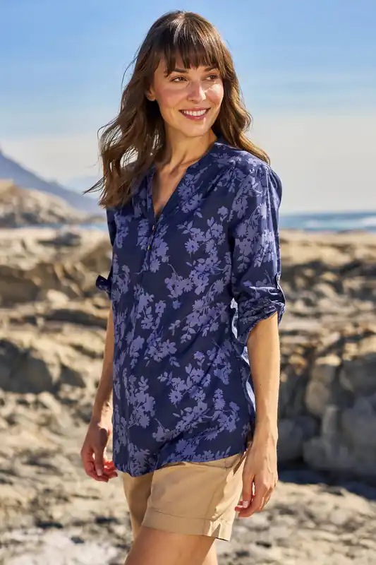 Petra' Relaxed Fit 3/4 Sleeve Lightweight Button Neck Cotton Shirt - Mountain Warehouse