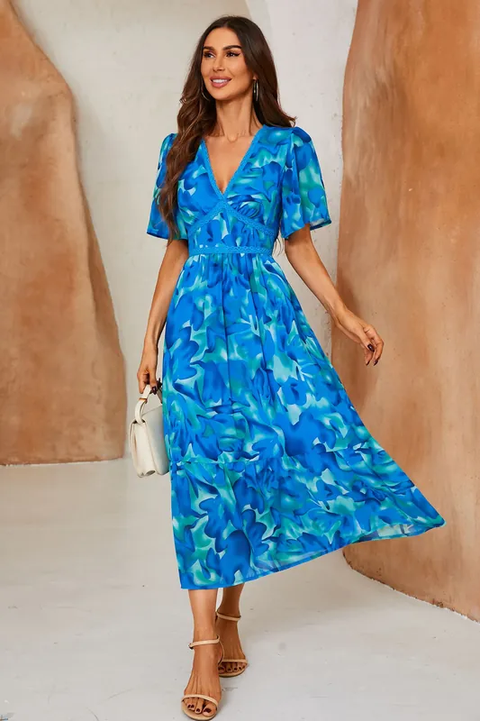 Abstract Floral Print Lace Detail Angel Sleeve Maxi Dress - FS Collection