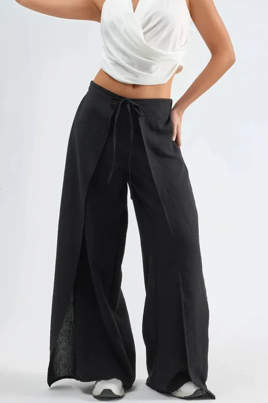 Drawstring Waist Crepe Trousers with Tie Detail - Busem