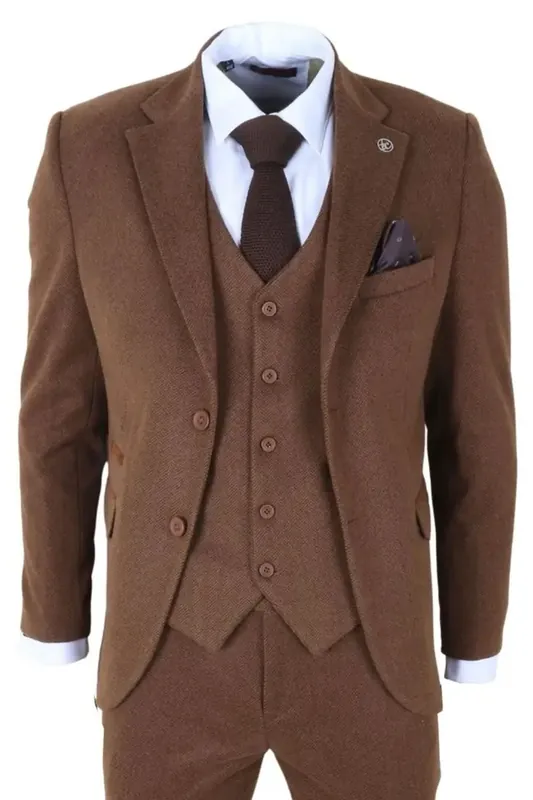 IM42 3 Piece Suit Wool Blend Tweed Herringbone - TruClothing