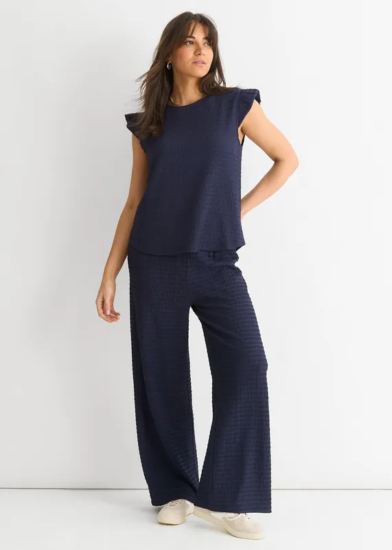 Dark Blue Frill Sleeves Textured Oversized Top - Gini London