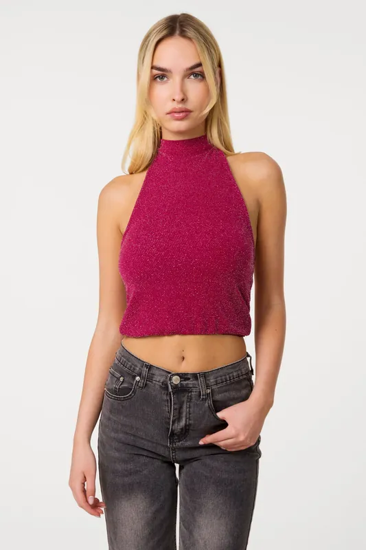 Wine Sparkle Halter Neck Top - Pink Vanilla