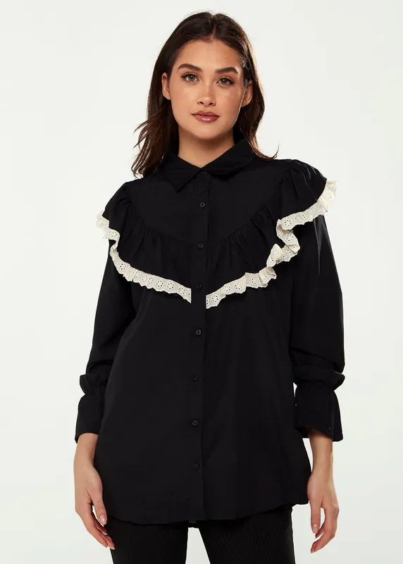 Frill Detail Shirt in Black and White - Liquorish
