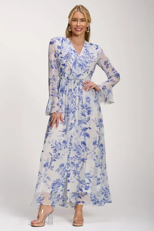 Long Sleeve Chiffon Ruffle Maxi Dress - Jolie Moi