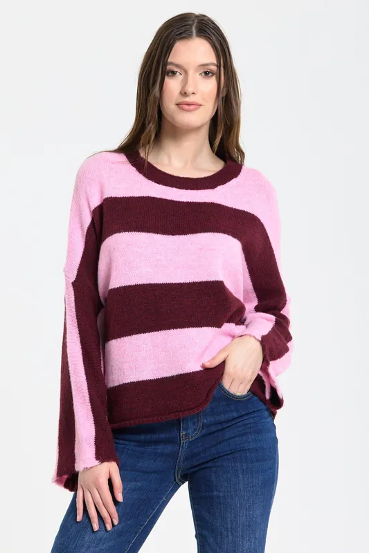 Pink Burgundy Stripe Wool Blend Jumper - Liquorish