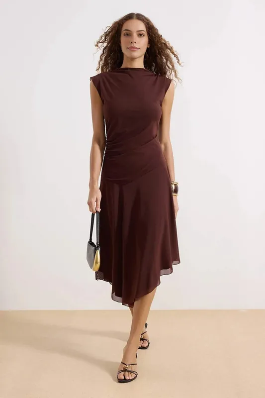 Ruched Asymmetric Hem Cap Sleeve High Neck Midi Dress - WOVCOR