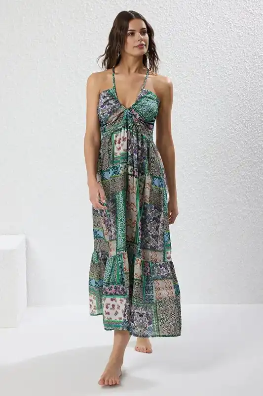 Ethnic Print Cut Out Maxi Beach Dress with Tiered Skirt - WOVCOR