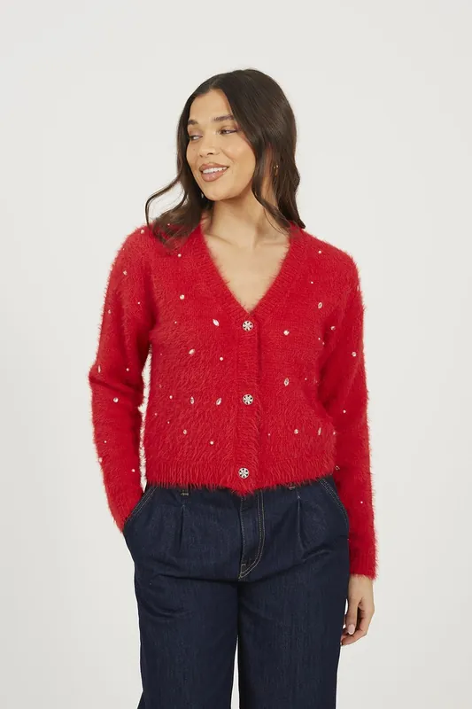 Fluffy Knit Cardigan With Jewel Embellishment - Brave Soul