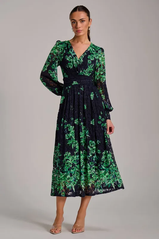 Long Sleeve Print Lace Maxi Dress - Jolie Moi