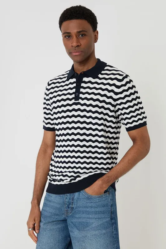 Wavy Stripe Textured Knitted Polo - Threadbare