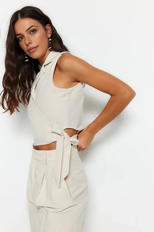 Sleeveless Wrap Tie Side Tailored Cropped Top - WOVCOR
