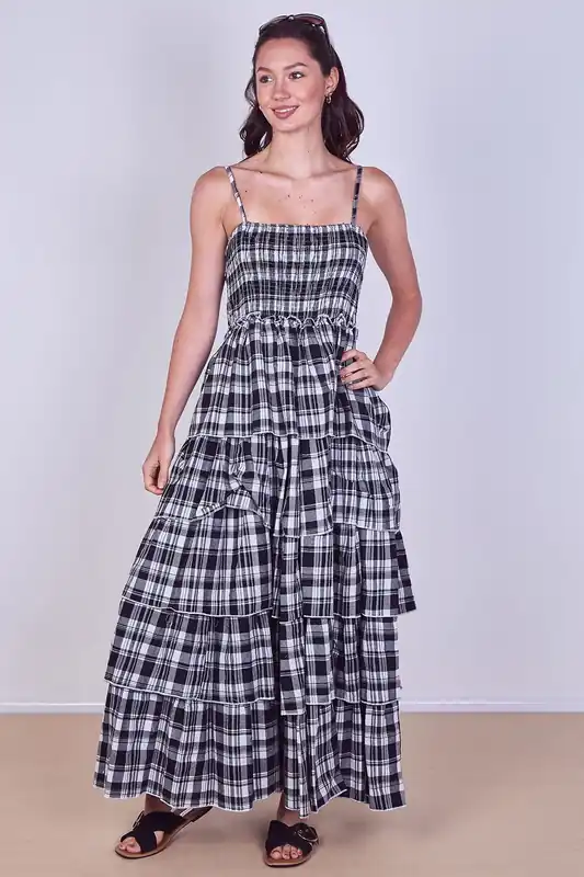Tiered Check Maxi Dress - ELAINA FASHION