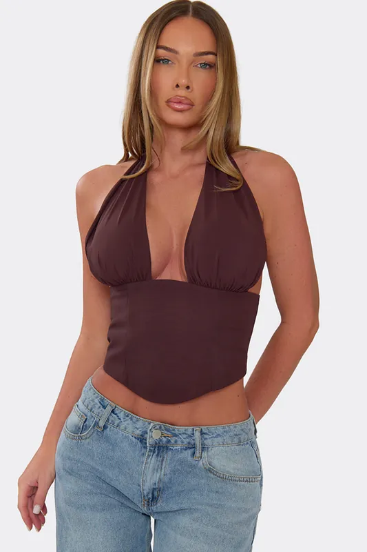 Corset Style Sleeveless Lace Up Halter Neck Chiffon Corset Top - EGO