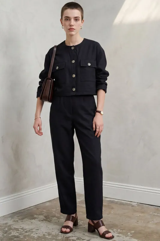 Crew Neck Buttoned Pocket Two-Piece Set