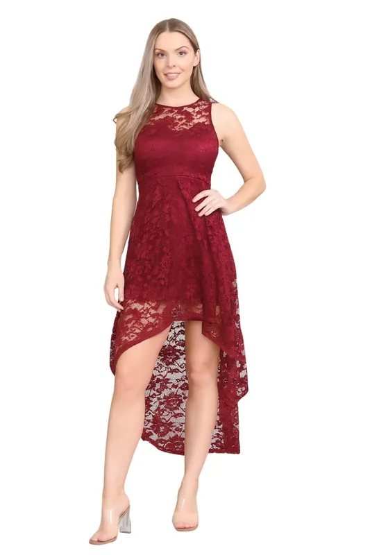 Wine Floral Lace Asymmetrical Hem Party Dress - AVINCI