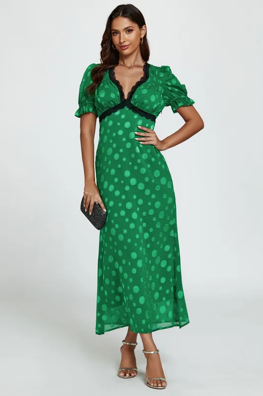 Polka Dot Jacquard Lace Trim Midi Dress In Green - FS Collection