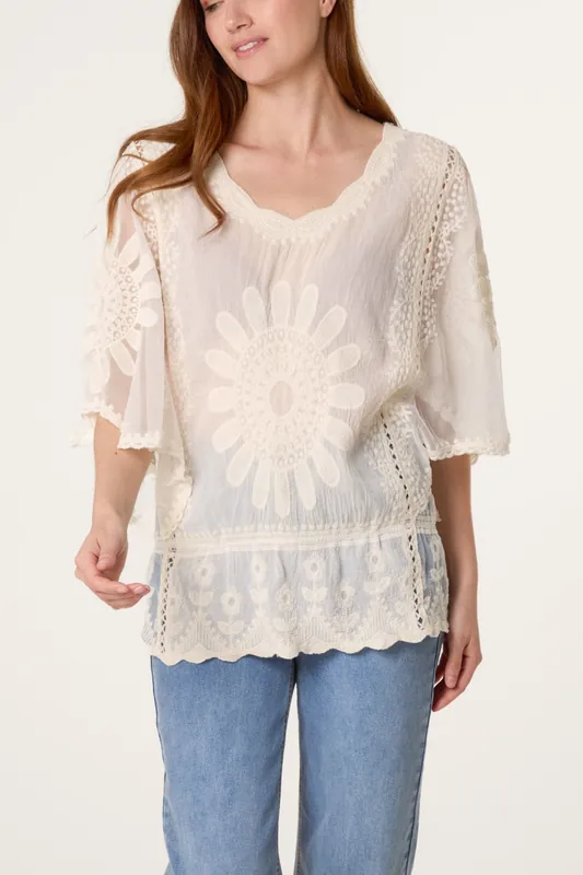 Stone Sun Flower Lace Sleeve Blouse - Blue Vanilla