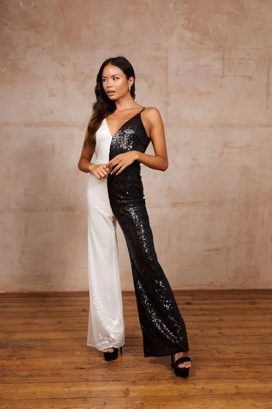 Beth Sleeveless Contrast Sequin Jumpsuit - Jaded Rose