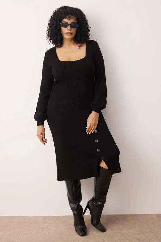Square Neck Ribbed Knit Button Detail Midi Dress - WOVCOR