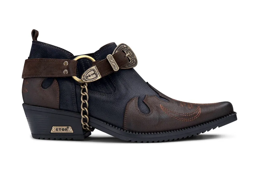 Men's Navy/Brown Leather Metal Chain Winklepicker Cowboy Shoes - Infinity Leather