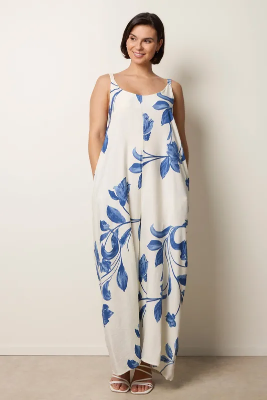 Blue Floral Print Wide Leg Jumpsuit - Blue Vanilla