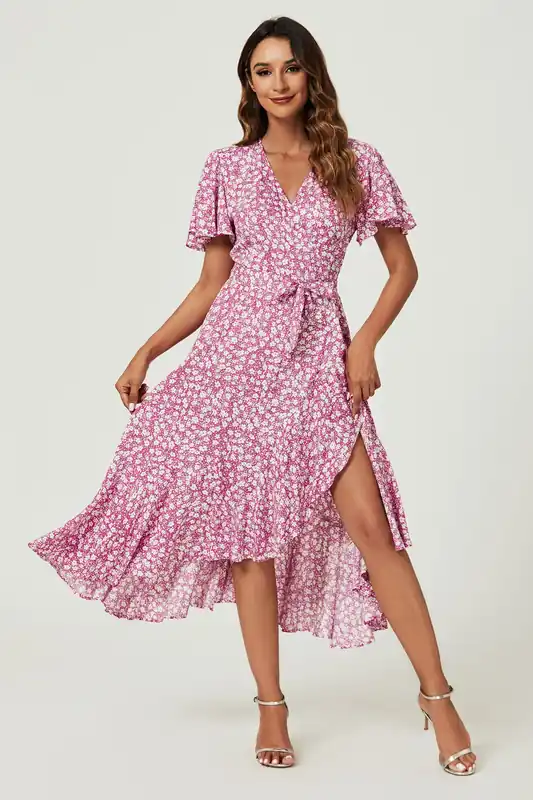 Floral Print Midi Wrap Dress In Pink - FS Collection