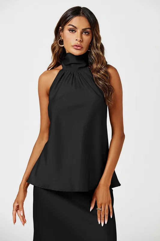 High Neck Sleeveless Satin Blouse Top - FS Collection