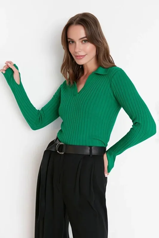 Polo Neck Knit Sweater with Finger Detail - WOVCOR