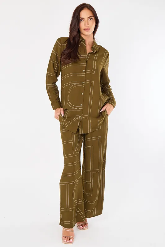 Khaki Geometric Line Print Wide-Leg Co-ord