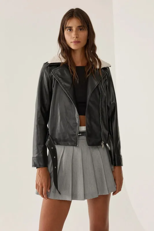 Faux Leather Faux Fur Collar Jacket - Hiccup