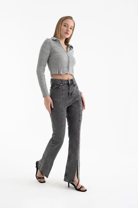 Polo Collar Ribbed Zippered Cropped Cardigan - Hiccup