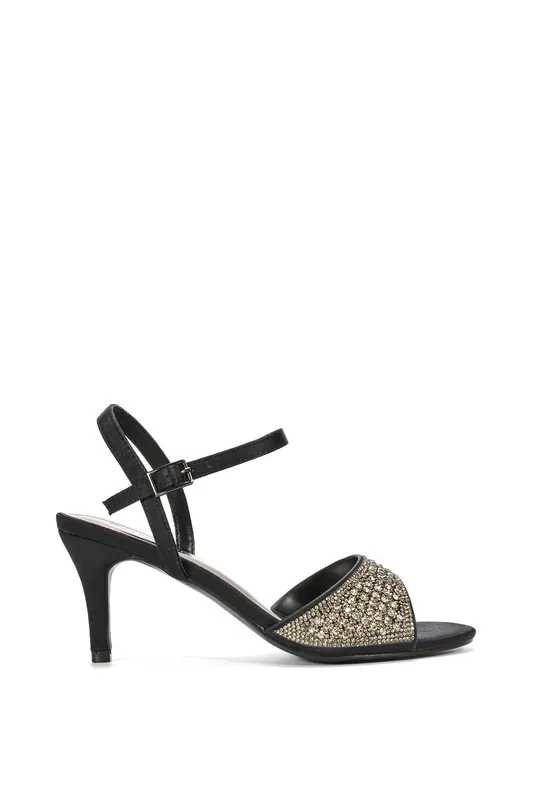Kim' Ankle Strap Mid Stiletto Peep Toe Diamante Sparkly Heels - XY London