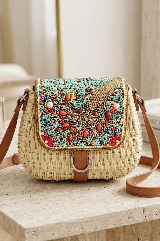 Beige Woven Beaded Flap Crossbody Bag - Wyaba