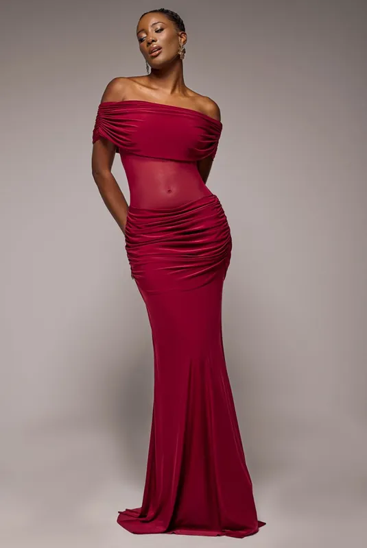 Gathered Off The Shoulder Mesh Waist Panel Maxi Dress - Goddiva