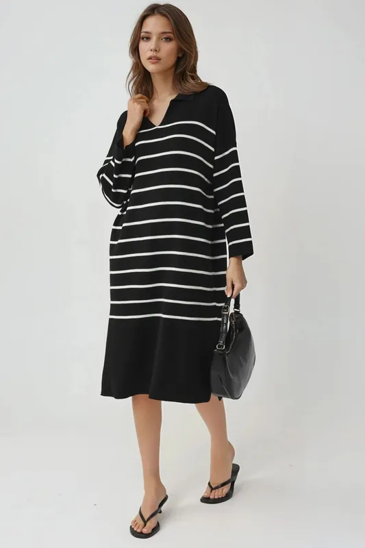 Striped V-Neck Loose Fit Midi Knit Dress with Slit