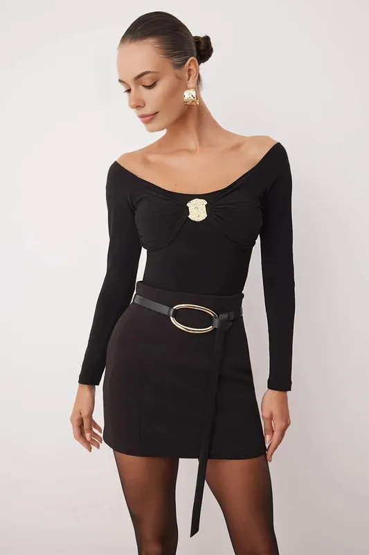 Off Shoulder Long Sleeve Embellished Knit Bodysuit - WOVCOR