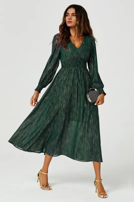 Gold Stripe Foil V-Neckline Long Sleeve Maxi Dress In Green